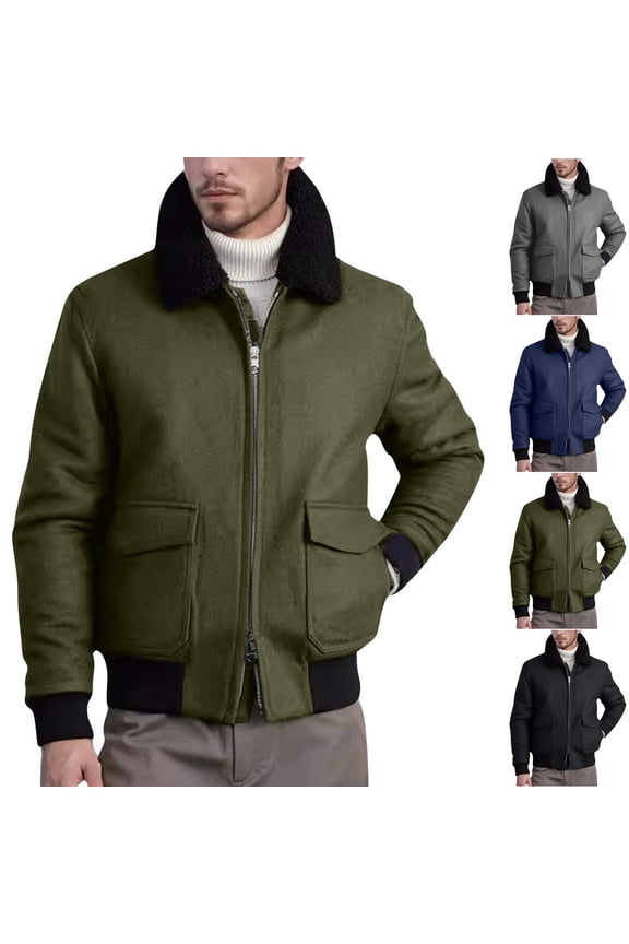 Men's Wool Blend Western Bomber Jacket with Sherpa Collar Winter Insulated Zip Up Warm Coat with Ribbed Cuffs and Hem Sizes M-2XL Navy