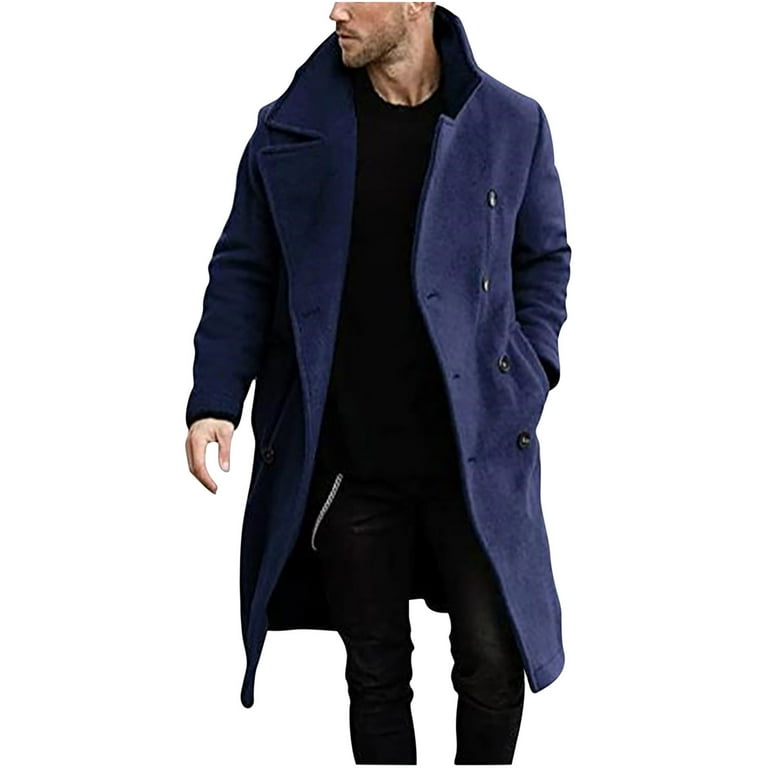 Men's Wool Blends Double-Breasted Pea Coat Fashion Stand Collar