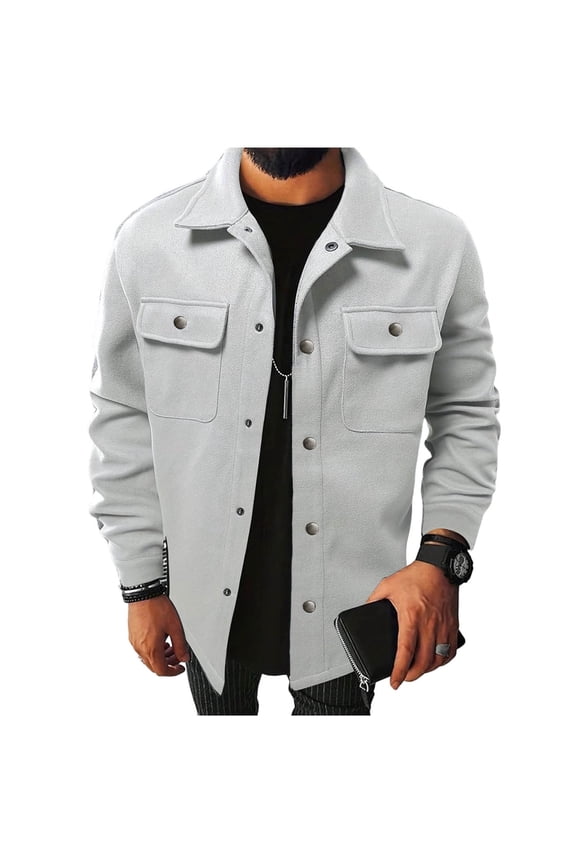 Men's Wool Jackets Casual Long Sleeve Shacket Button Down Shirt Jacket with Flat Pockets Fall Warm Work Stylish Coat