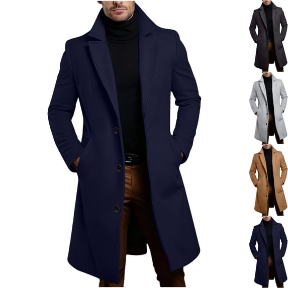 Men's Wool Overcoat Single Breasted Pea Coats Notch Lapel Collar Mid Length Dress Coat with Pockets for Business Casual Office Work, Navy, XXXL