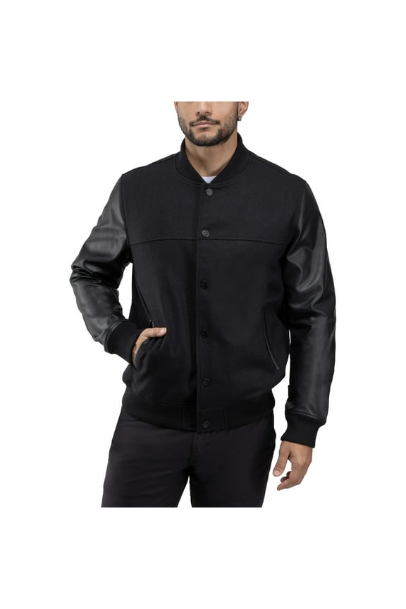 Jeans Mens Wool Varsity Bomber Jacket with Grainy PU Sleeves, Black/Black, M