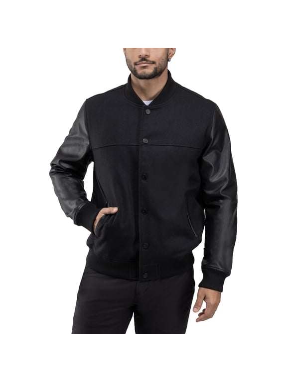 Jeans Mens Wool Varsity Bomber Jacket with Grainy PU Sleeves, Black/Black, S