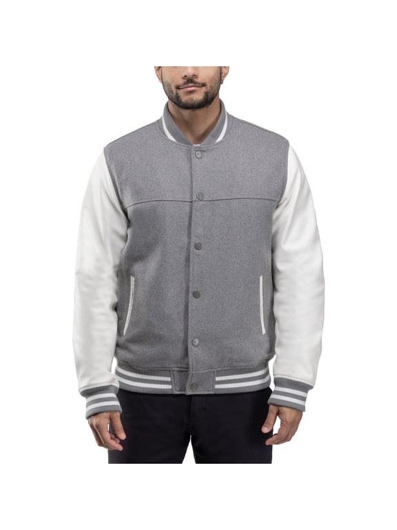 Jeans Mens Wool Varsity Bomber Jacket with Grainy PU Sleeves, Grey/White, XL
