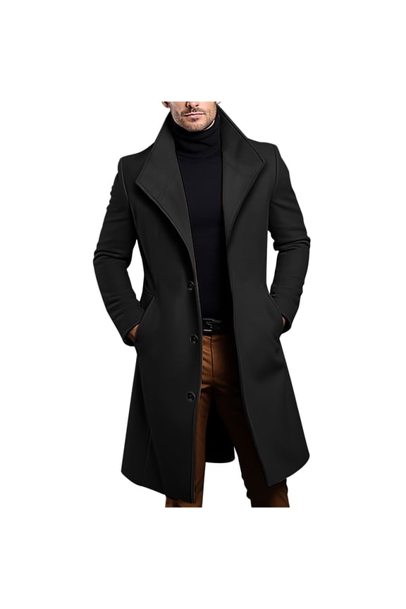 Men's Woolen Mid-Length Trench Coat, Black, Size XXL