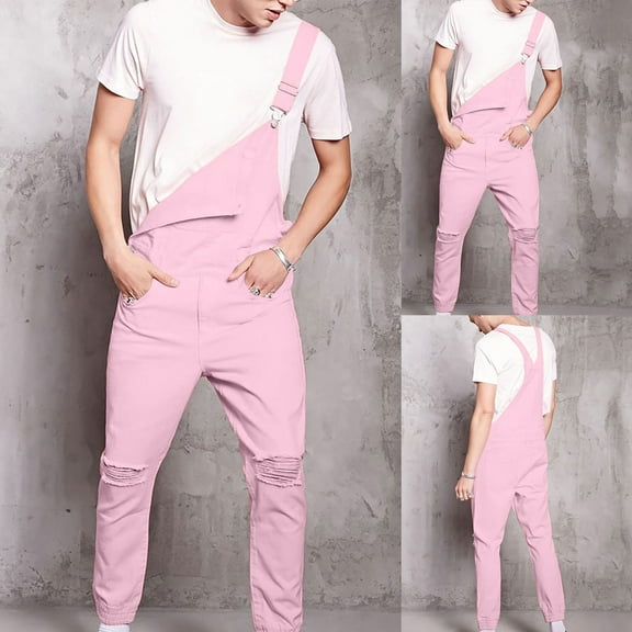 Men's Work Bib Overalls Loose Fit Workwear Dungarees Sloppy Coveralls with Adjustable Straps and Big Pockets Pink L