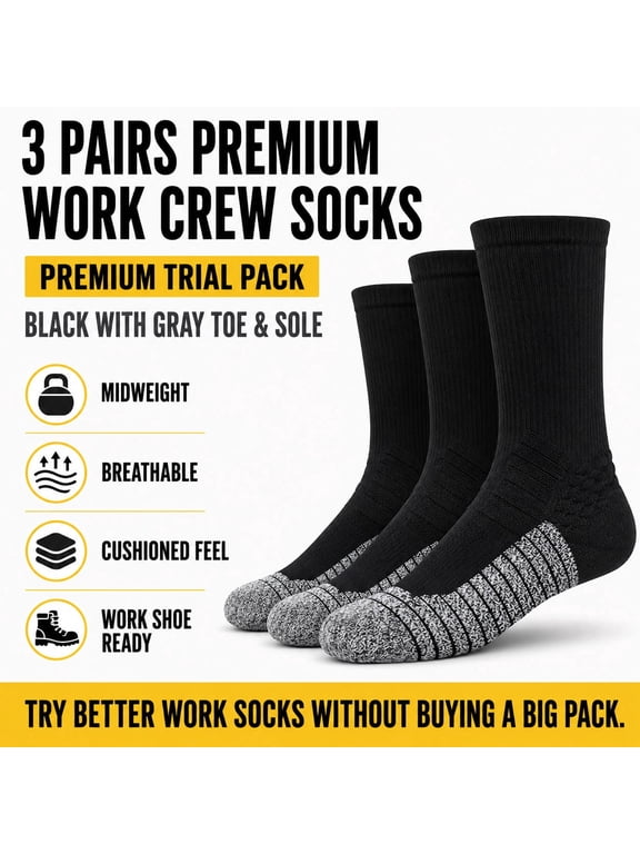 Men’s Work Crew Socks, Black Socks with Gray Toe and Sole, Midweight Breathable Socks, 3 Pairs