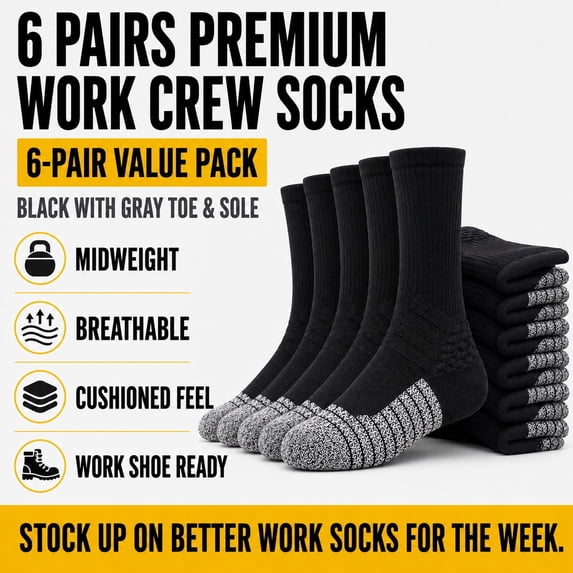 Men’s Work Crew Socks, Black Socks with Gray Toe and Sole, Midweight Breathable Socks, 6 Pairs