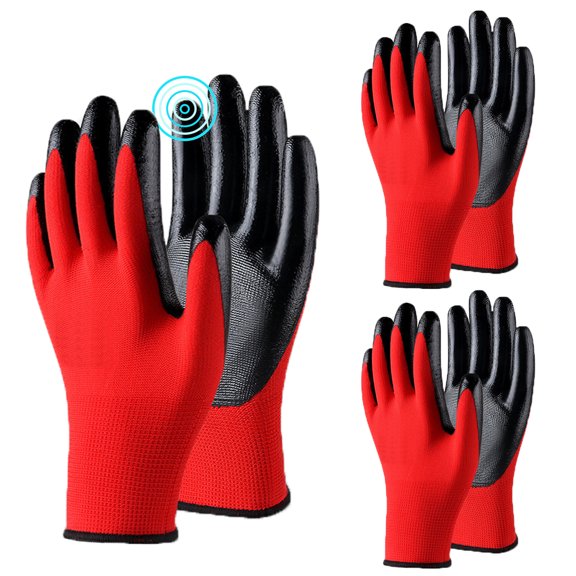 HardyComforts 3Pairs Lightweight Nitrile Coated Work Gloves General Purpose Work Safety Gloves for Men and Women,for Precision Work,Red,Abrasion, Snug Fit, Breathable