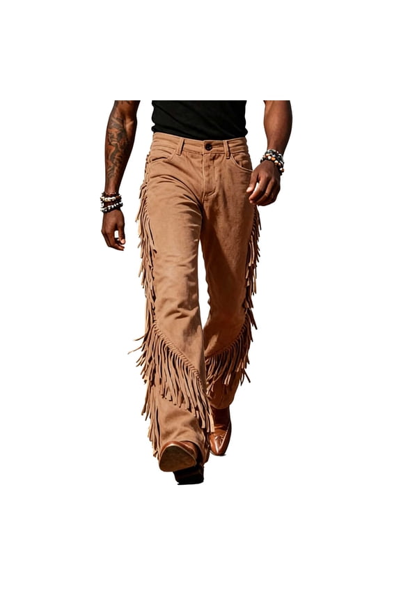 Men's Work Pants, Pants for Men Cowboy Western Pants Vintage Tassel Fringe Faux Suede Leather Trousers with Pockets Button Front Cowboy Costume Brown XXL