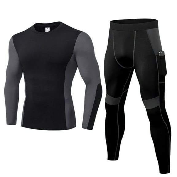 Men's Workout Compression Clothes Set, Long Sleeve Compression Shirts and Pants Thermal Base Layer Set Gray XL