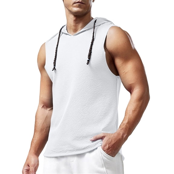 Men's Workout Drawstring Hooded Tank Tops Textured Sports Training Sleeveless Gym Hoodies Bodybuilding Cut off Muscle Shirts White