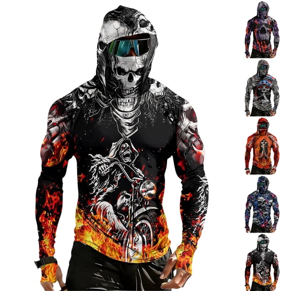 Men's Workout Fishing Hoodies Shirts with Face Mask 3d Skull UV Sun Protection Shirts UPF Rash Guard Long Sleeve Hoodie