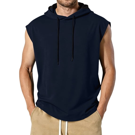 Men's Workout Hooded Tank Tops Sleeveless Drawstring Hooded Tank Tops Bodybuilding Cut Off Gym Muscle Shirts Hoodies,Blue L