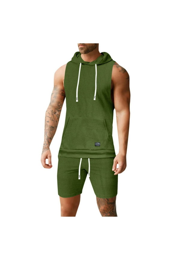 Men's Workout Hooded Tank Tops Sleeveless Gym Shirt Sweat Shorts Hoodie Set 2 Piece Outfits Jogging Suits