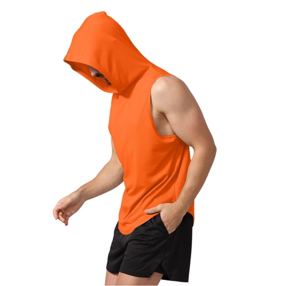 Men's Workout Hooded Tank Tops Sleeveless Gym Tank Top Hoodie Men Bodybuilding Muscle Cut Off Vest Saffron XL