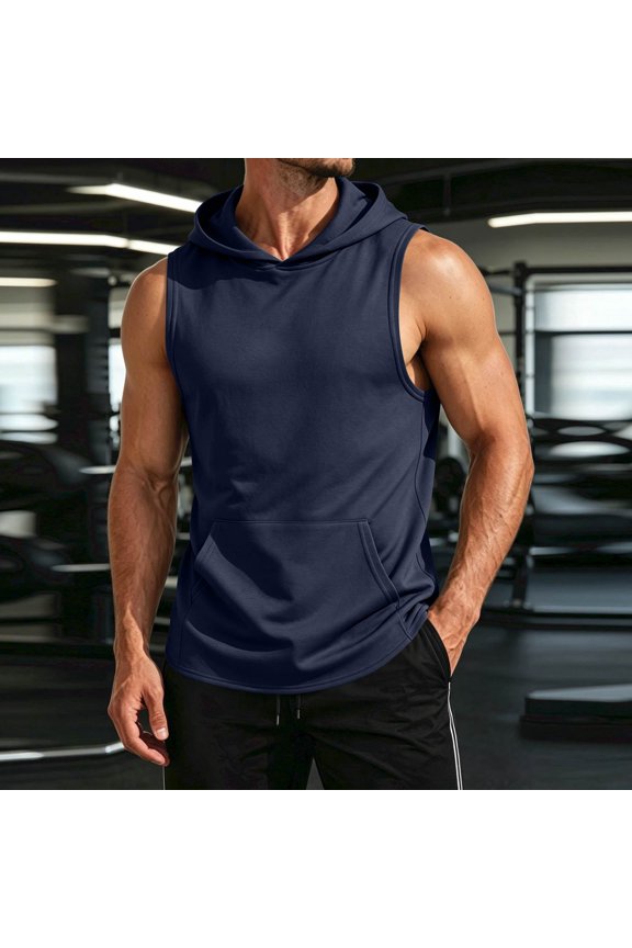 Men's Workout Hooded Tank Tops Sleeveless Gym Training Hoodies Bodybuilding Muscle Cut Off T Shirt Navy XL