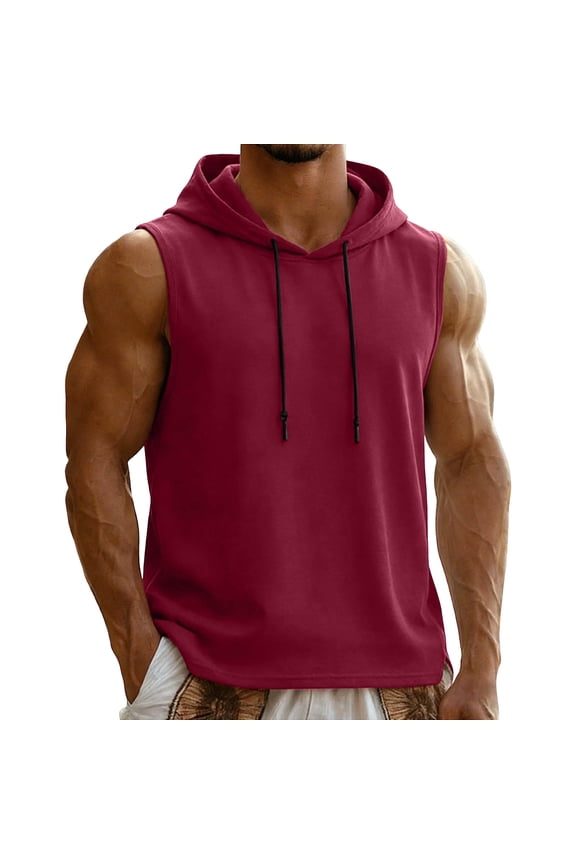 Men's Workout Hooded Tank Tops Sleeveless Gym Training Hoodies Bodybuilding Muscle Cut Off T Shirt with Drawstring