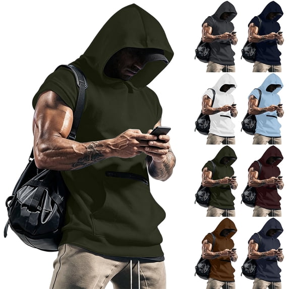 Men's Workout Hooded Tops Gym Short Sleeve Hoodies Quick Dry Bodybuilding Muscle Cut off T-Shirt Athletic T Shirt with Zipper Pocket Size 3XL Army Green
