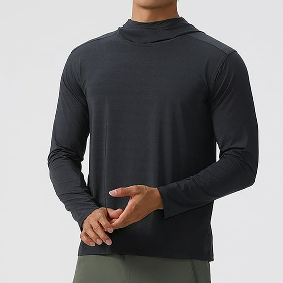 Men's Workout Hoodies Long Sleeve Spandex Fishing Shirts Sun Protection Quick Dry Soft Lightweight Gym Tops (L, Black)