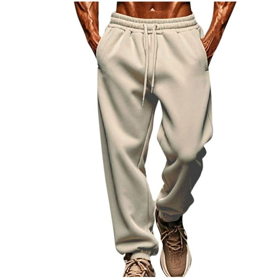 Men's Workout Pants Casual Fleece Trendy Drawstring Elastic Waist Trouser Comfy Pocket Outdoor Sport Sweatpant (Khaki,XL)