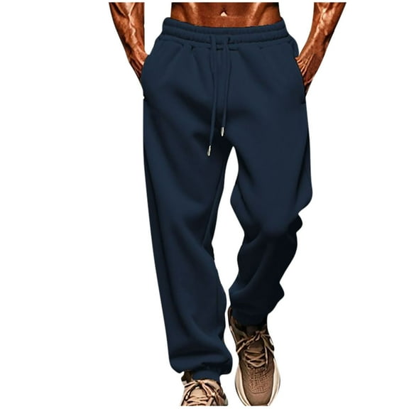 Men's Workout Pants Casual Fleece Trendy Drawstring Elastic Waist Trouser Comfy Pocket Outdoor Sport Sweatpant (Navy,XL)