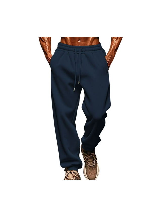 Men's Workout Pants Casual Fleece Trendy Drawstring Elastic Waist Trouser Comfy Pocket Outdoor Sport Sweatpant (Navy,XL)