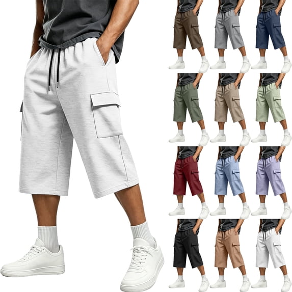 Men's Workout Pants Drawstring Pockets Solid Color Elastic Waist Drawstring Multi-Pocket Casual Sports Capris
