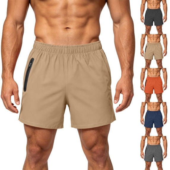 Men's Workout Running Shorts Quick Dry Active 4 Inches Shorts with Zipper Pockets, Lightweight, Breathable Khaki