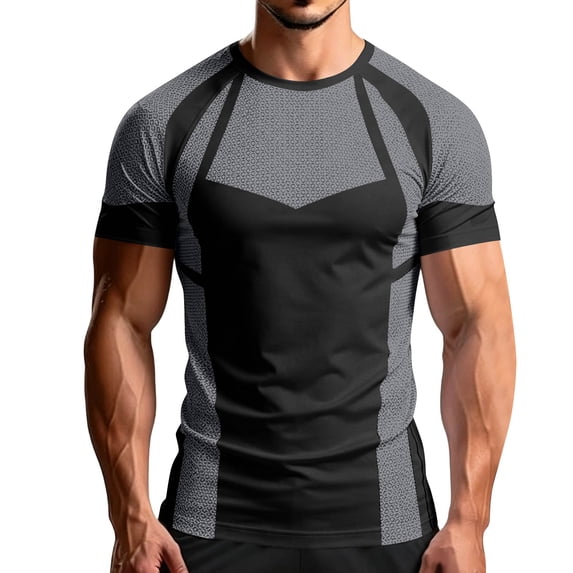 Men's Workout Shirts Quick Dry Seamless Short Sleeve Tshirts Breathable Compression Workout T-Shirt Geometric Print Athletic Tee For Gym Running Training