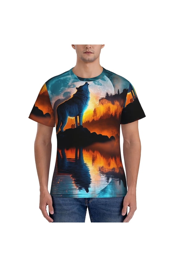 Men's Workout Short Sleeve T-Shirt Athletic Tee Tops Casual for Gym, Wolf Howling Night Moon River