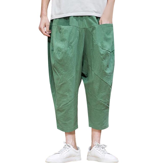 Men's Workout Shorts Cotton Linen Capri Pants Baggy Harem Pants