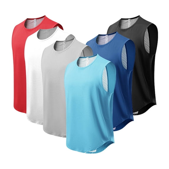 Men's Workout Sleeveless Shirt Quick Dry Stretchy Swim T-Shirts Athletic Gym Running Beach Tank Top