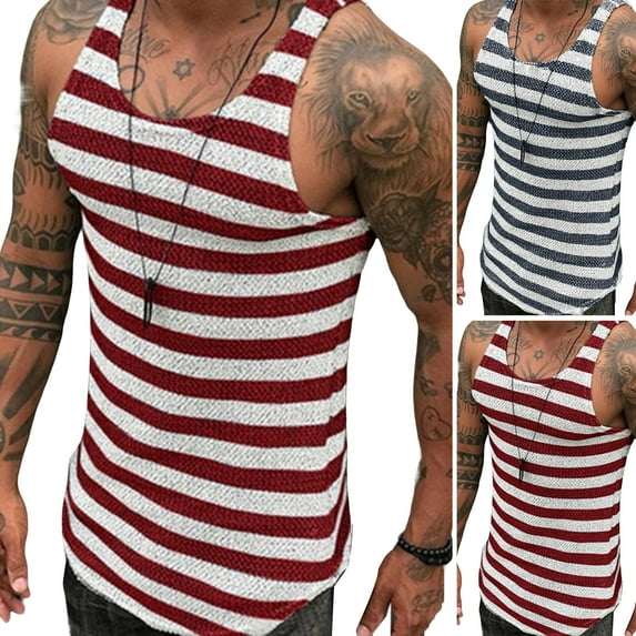 Men's Workout Sleeveless T Shirts Stripe Print Quick Dry Muscle Swim Shirt Gym Fitness Running Beach Tank Tops
