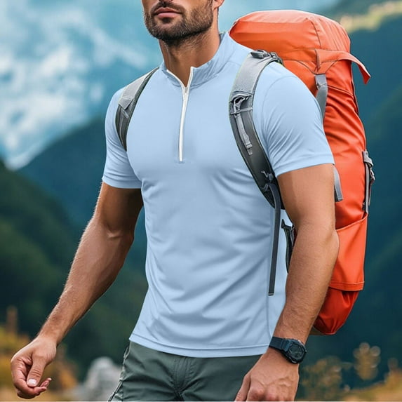 Men's Workout T-shirts Short Sleeve Stand Collar 1/4 Zip Pullover Quick Dry Fitness Tops Sports Muscle Tee Tshirts (S, Light Blue)