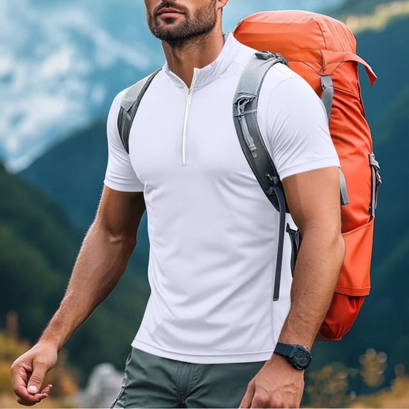 Men's Workout T-shirts Short Sleeve Stand Collar 1/4 Zip Pullover Quick Dry Fitness Tops Sports Muscle Tee Tshirts (S, White)