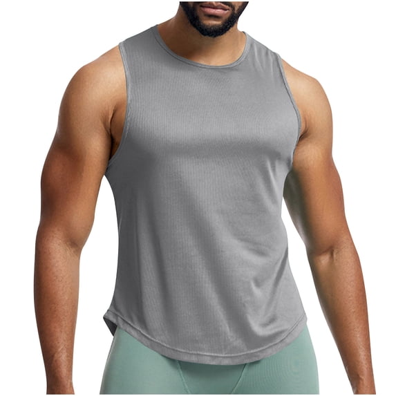 Men's Workout Tank Top Mesh Sleeveless Gym Muscle T Shirts Quick Dry Bodybuilding Shirt Summer Athletic Tank Tops Curved Hem Big and Tall M-3XL Gray