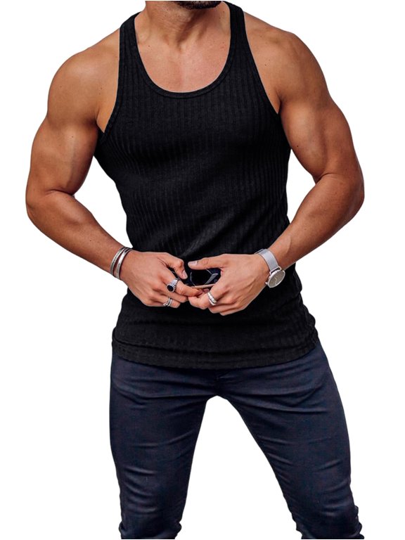 Men's Workout Tank Top Ribbed Knit Sleeveless Gym Muscle T Shirts Bodybuilding Tee Black L