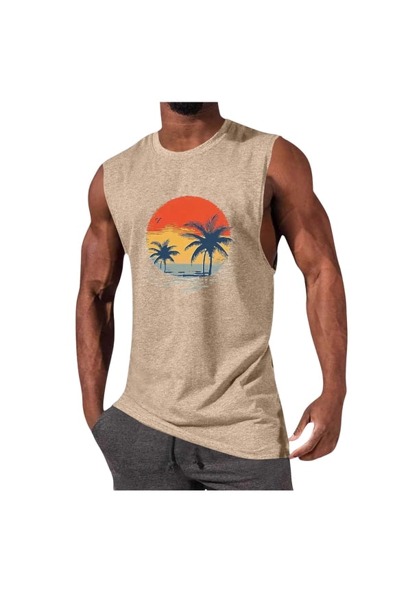 Men's Workout Tank Tops Gym Cut Off Sleeveless T Shirt Bodybuilding Fitness Muscle Athletic Tank Shirts Summer Palm Tree Tees