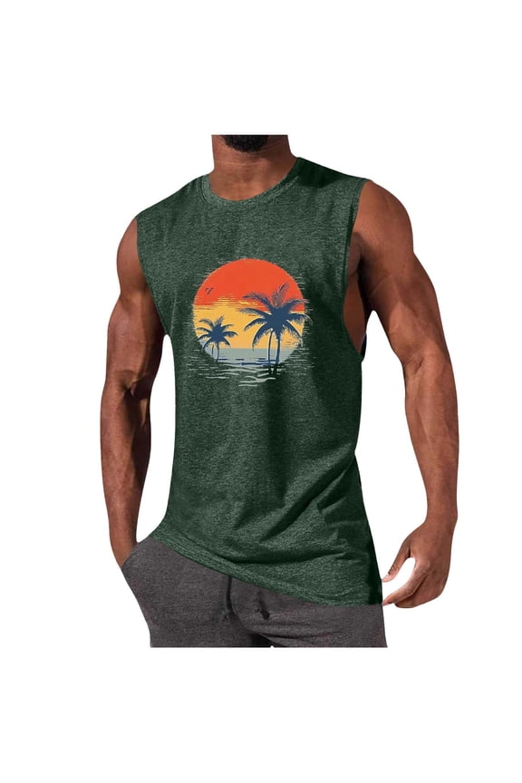 Men's Workout Tank Tops Gym Cut Off Sleeveless T Shirt Bodybuilding Fitness Muscle Athletic Tank Shirts Summer Palm Tree Tees