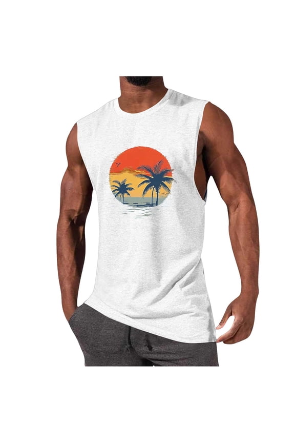 Men's Workout Tank Tops Gym Cut Off Sleeveless T Shirt Bodybuilding Fitness Muscle Athletic Tank Shirts Summer Palm Tree Tees