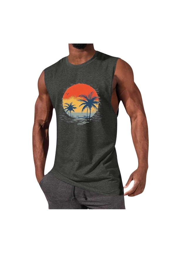 Men's Workout Tank Tops Gym Cut Off Sleeveless T Shirt Bodybuilding Fitness Muscle Athletic Tank Shirts Summer Palm Tree Tees