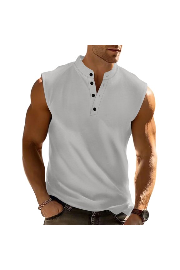 Men's Workout Tank Tops Sleeveless Muscle Gym Slim Fit Henley Shirt Casual Basic Summer Beach Button Shirt Tops Gray 3XL