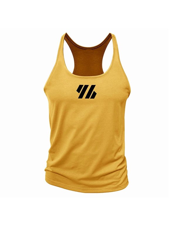 Men's Workout Tank Tops Stringer Muscle Cut Quick Dry Athletic Sleeveless Vest Shirt Top for Work Gym Yellow L