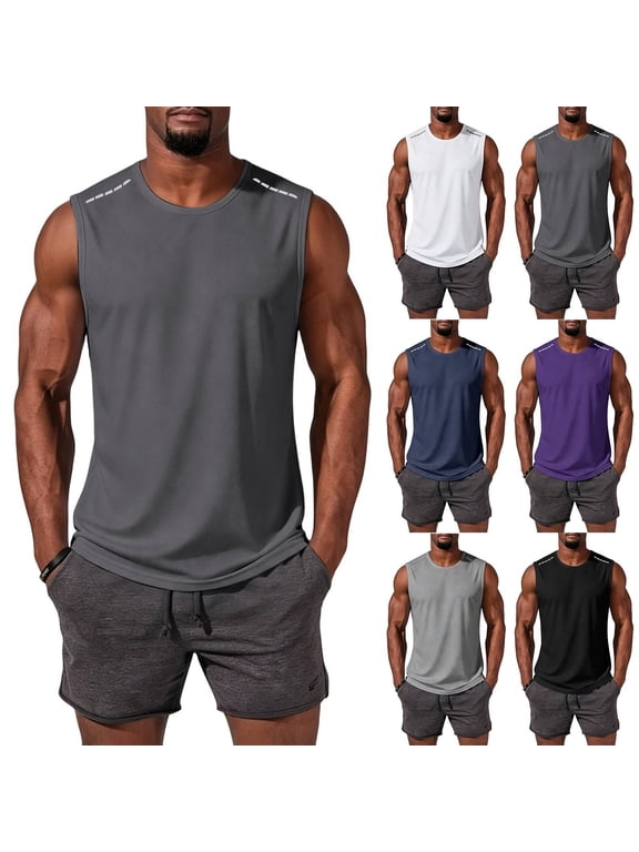 Men's Workout Tank Tops Swim Shirts Quick Dry Running Sleeveless UV Protection Muscle Tees Dark Gray L
