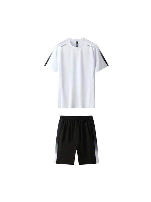 Men's Workout Tee & Short Sets 2026 Summer Crew Neck Short Sleeve Tops Elastic Waist Shorts Running Training Outfits Big & Tall White 3XL