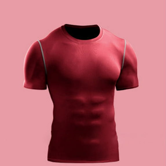 WHLBF Men's Workout Tee Solid Color Short Sleeve Round Neck Gym Training Base T-Shirt Red S