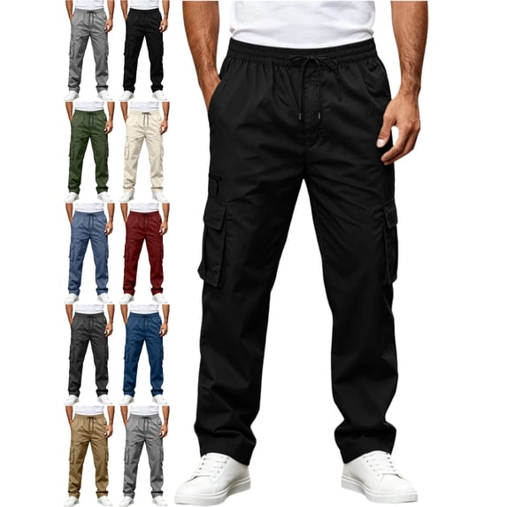 Men's Workwear Cargo Pants Straight Leg Relaxed Fit Drawstring Elastic Waist Multi Pocket Spring Fall Pants