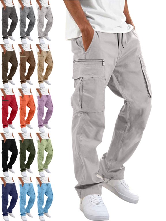 Men's Workwear Cargo Pants Straight Leg Relaxed Fit Elastic Waist Drawstring Multiple Pockets Outdoor Pants