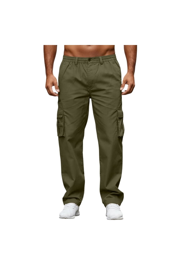 Men's Workwear Casual Stretch Waistband Multi-Pocket Straight Leg Pants, Comfortable and Functional Trousers for Work, Outdoor, and Everyday Use,Army Green,L