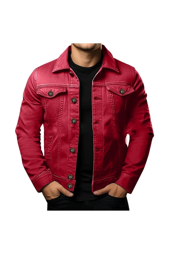 Men's Workwear Coat Casual Solid Color Small Check Turndown Collar Double Pocket Loose Fit Long Sleeve Outerwear for Fall and Winter Daily Wear Red L